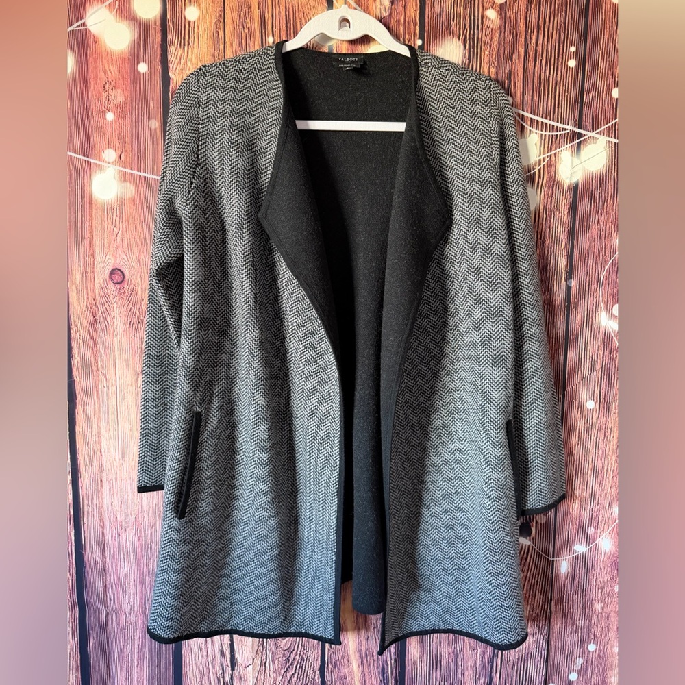 Talbots Black and Gray Chevron Merino Wool Waterfall Cardigan